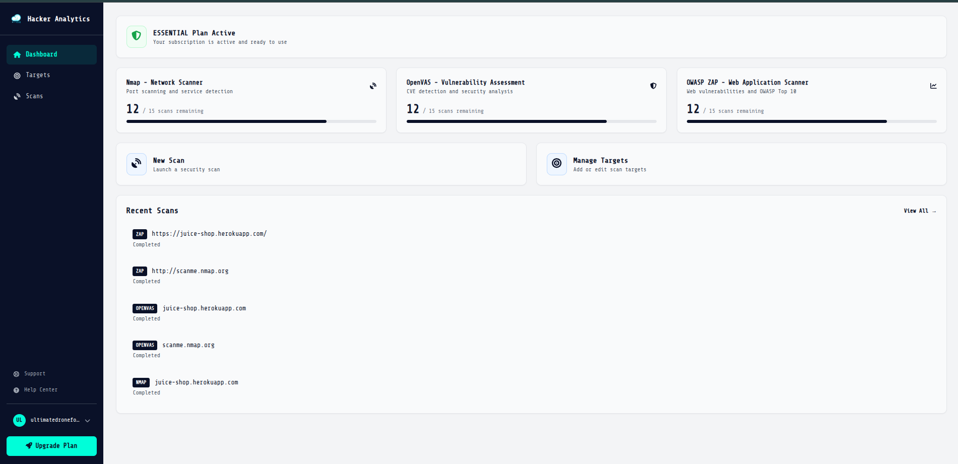VulnScanners console — dashboard overview