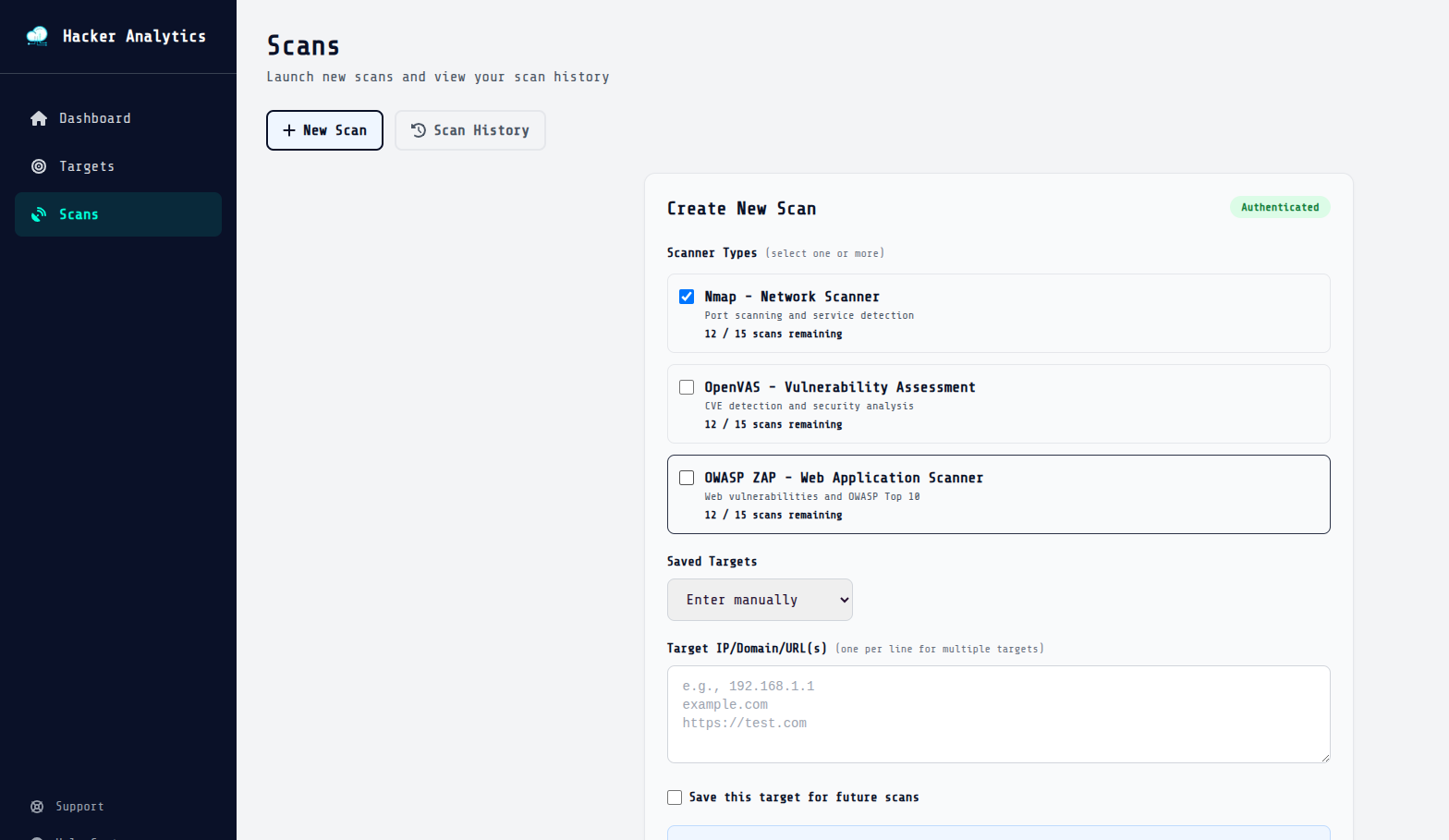 VulnScanners — configuring a new scan